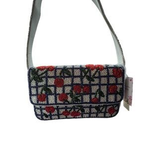 Viral Beaded Cherry Shoulder Bag White/Blue with Red Cherries